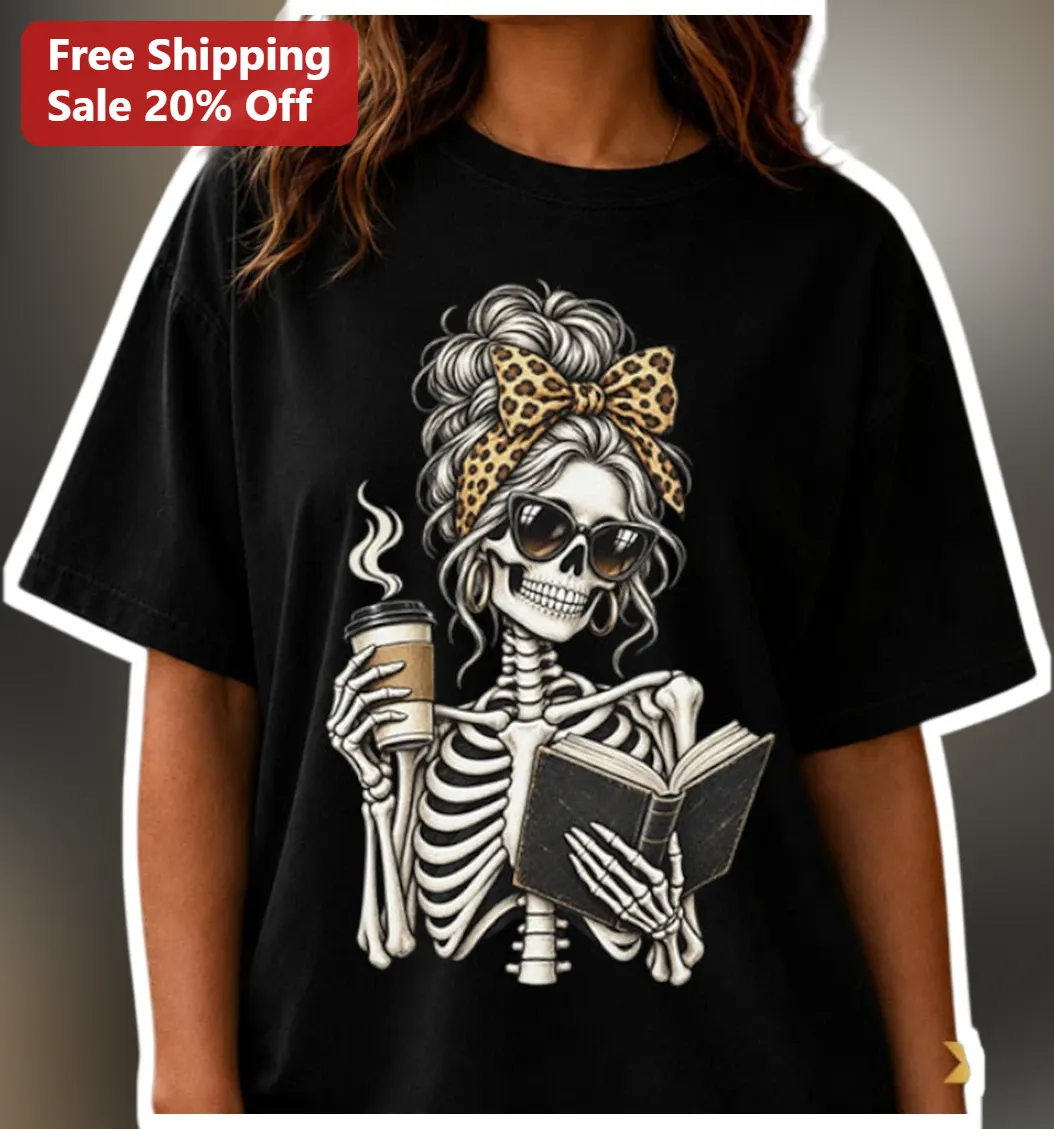 Skeleton Girl Reading Book Coffee Leopard Bow Graphic Tee for Women