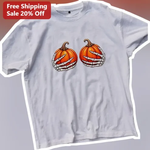 Skeleton Hands Holding Pumpkins Halloween Tee Spooky Cute Graphic Shirt for Women