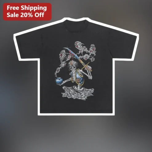 Skeleton Warrior Sword Graphic Tee Dark Fantasy Gothic Medieval RPG Shirt