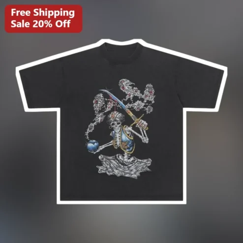 Skeleton Warrior Turban Illustration Tee Dark Fantasy Mythological Graphic Shirt