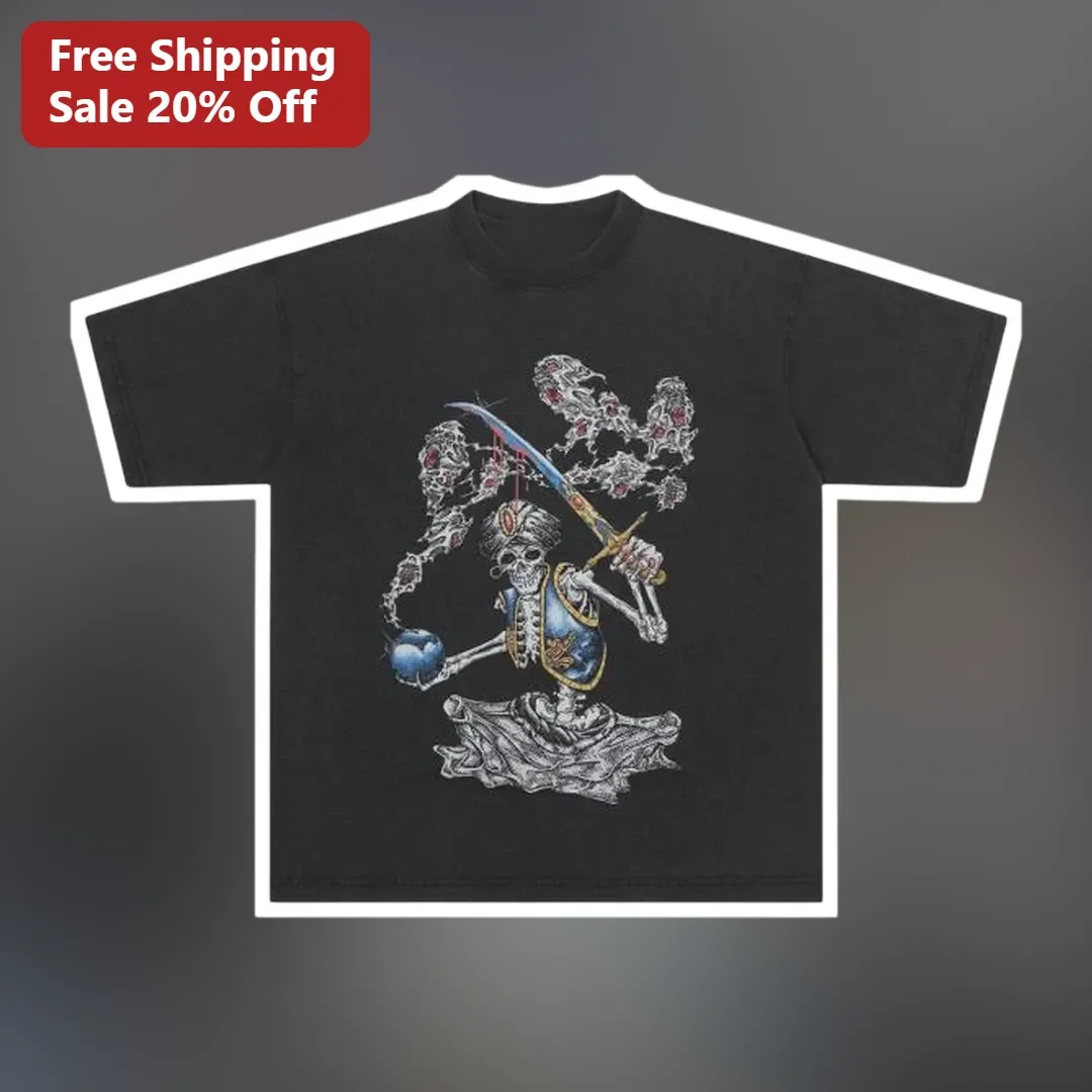 Skeleton Warrior Turban Illustration Tee Dark Fantasy Mythological Graphic Shirt