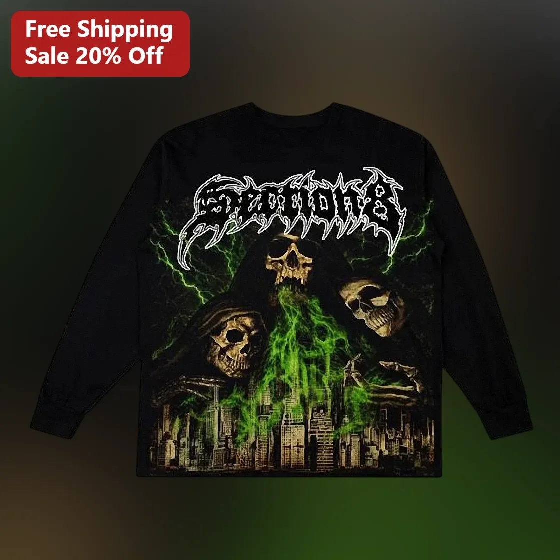 Skeletons Sunglasses Green Smoke Horror Long Sleeve Tee Halloween Spooky Graphic Shirt
