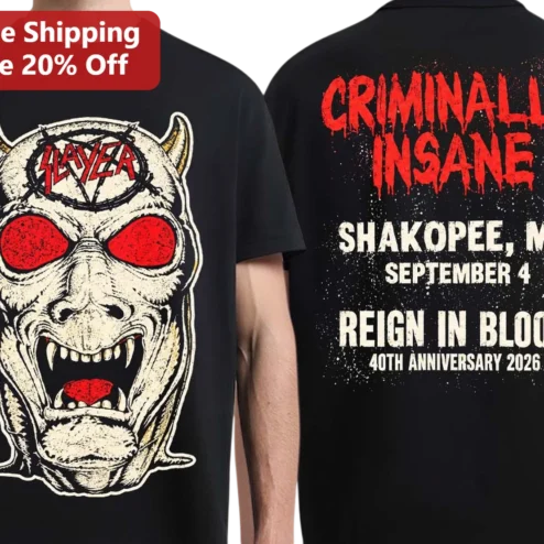 Slayer Criminally Insane Reign In Blood Graphic Tee Thrash Metal Band Merch