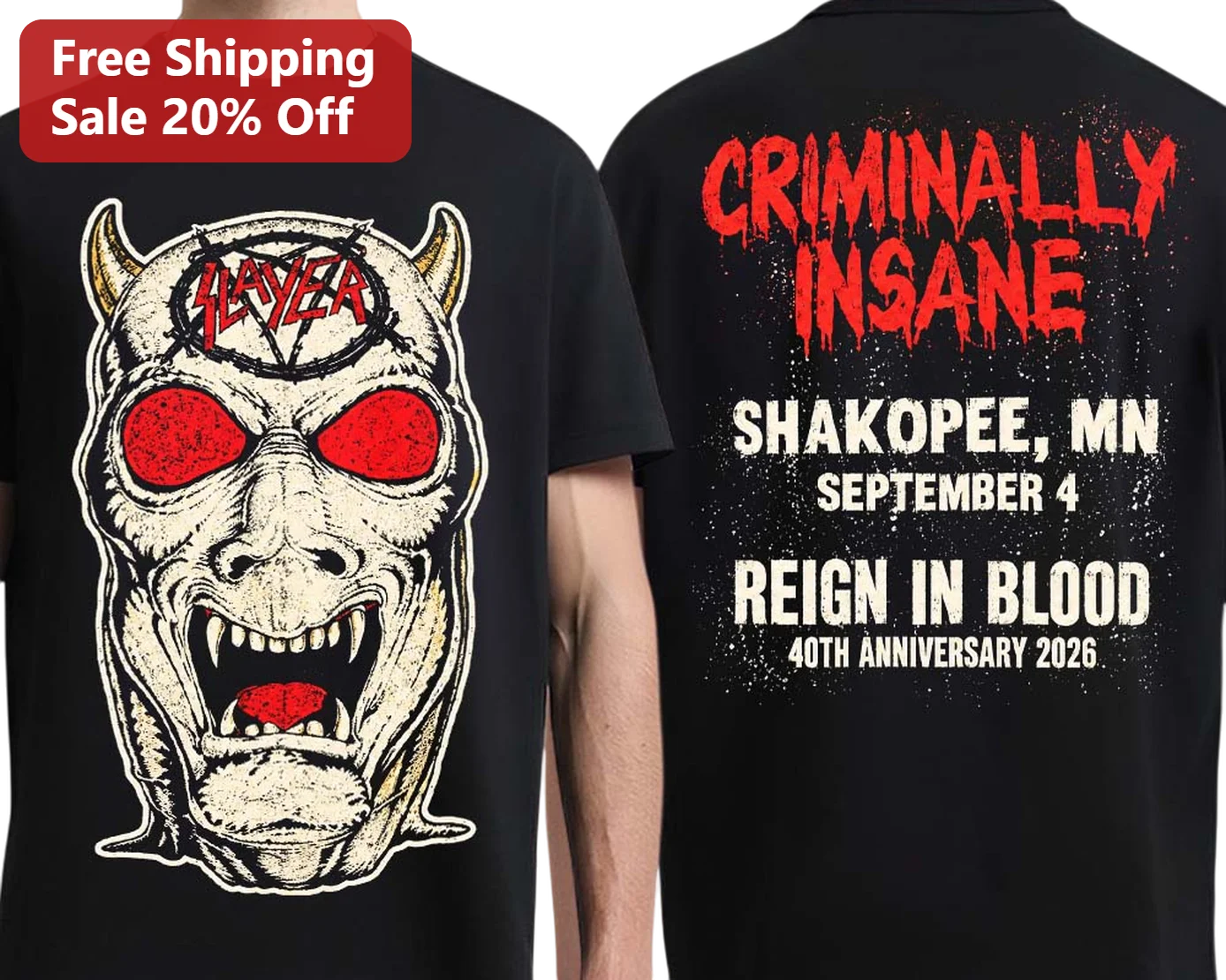 Slayer Criminally Insane Reign In Blood Graphic Tee Thrash Metal Band Merch