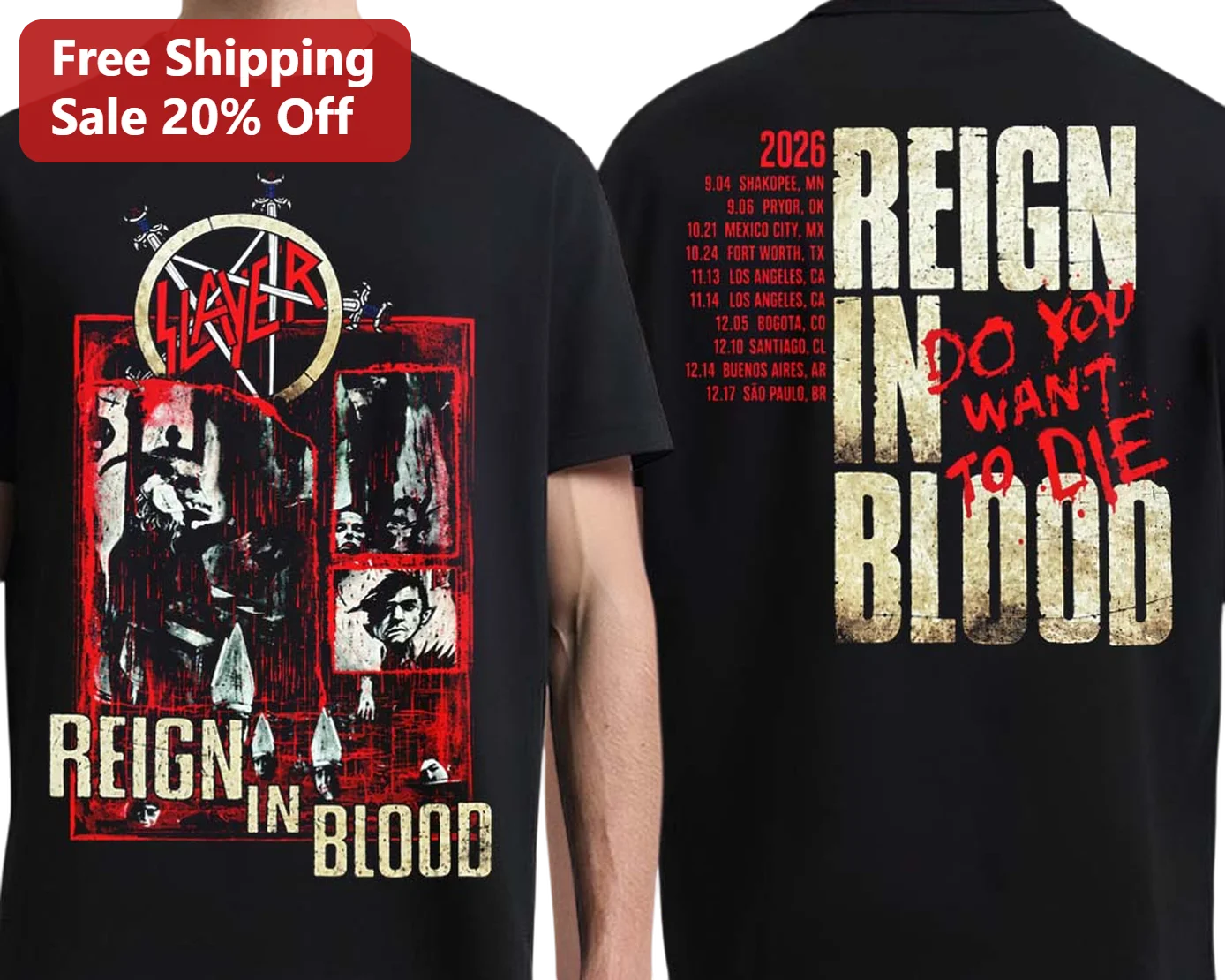 Slayer Reign in Blood Do You Want to Die Graphic Tee Thrash Metal Band Merch
