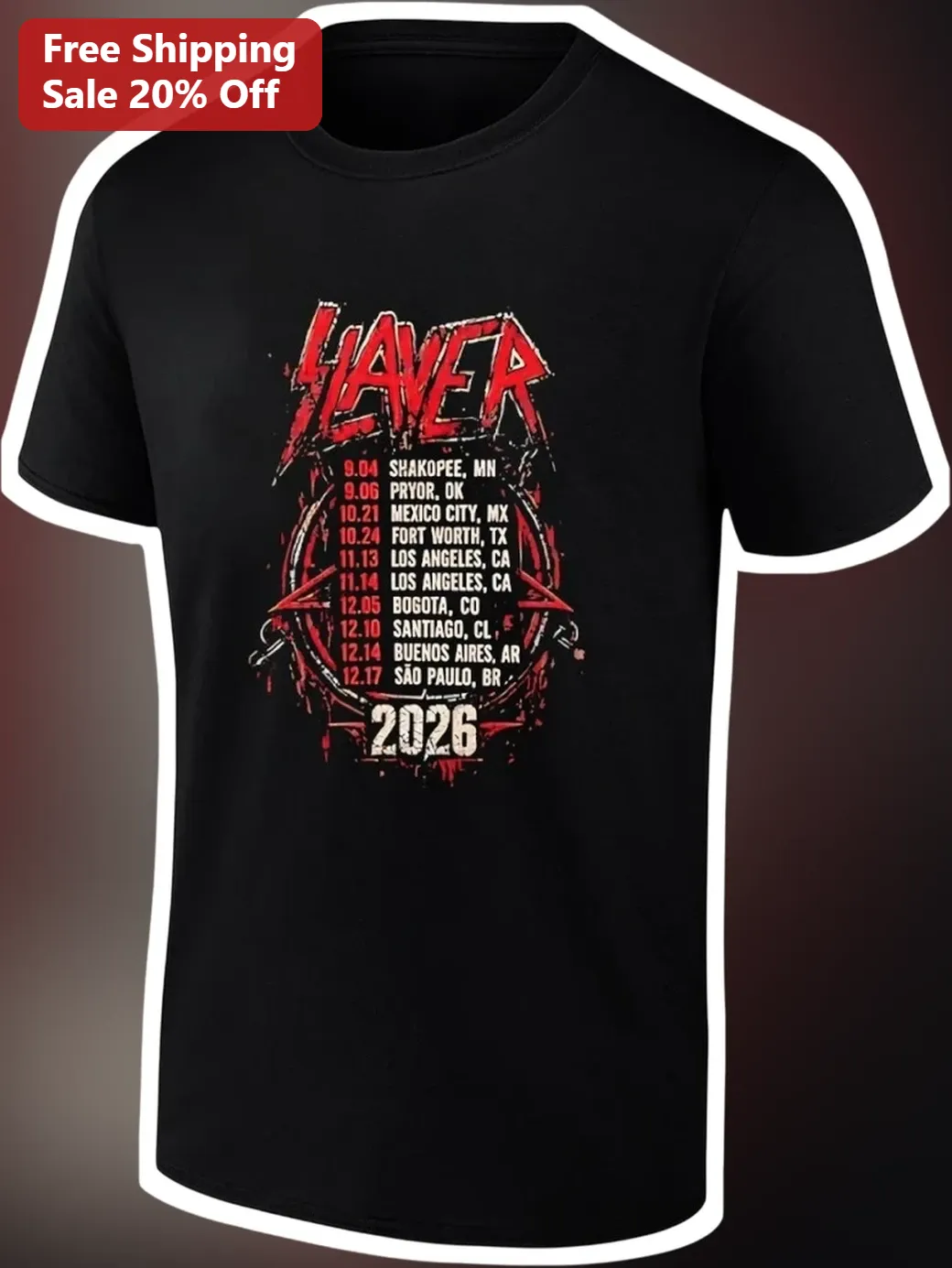 Slayer Vintage Tour Dates Graphic Tee Heavy Metal Band Shirt available at our Chicago, Illinois warehouse