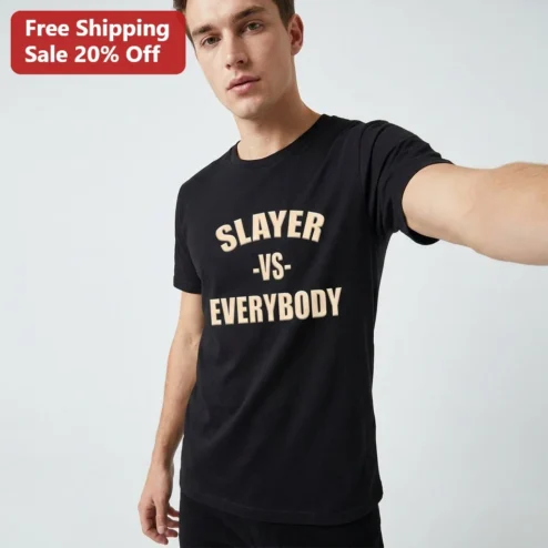 Slayer vs Everybody Tee Retro Varsity Slogan Graphic T-Shirt for Men and Women