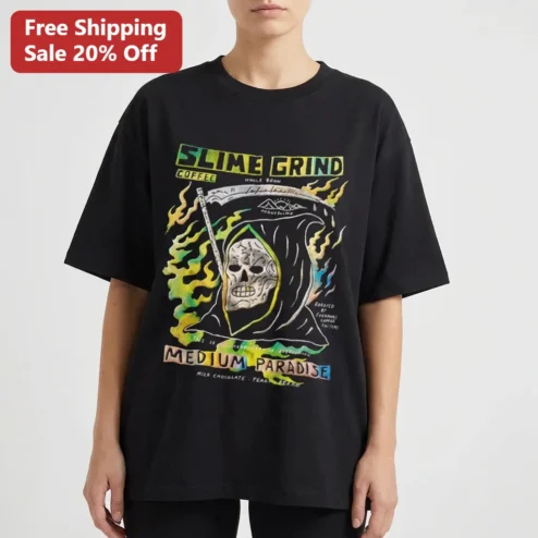 Slime Grind Coffee Medium Paradise Skeleton Reaper Tee, Edgy Coffee Lover Graphic Shirt Gift