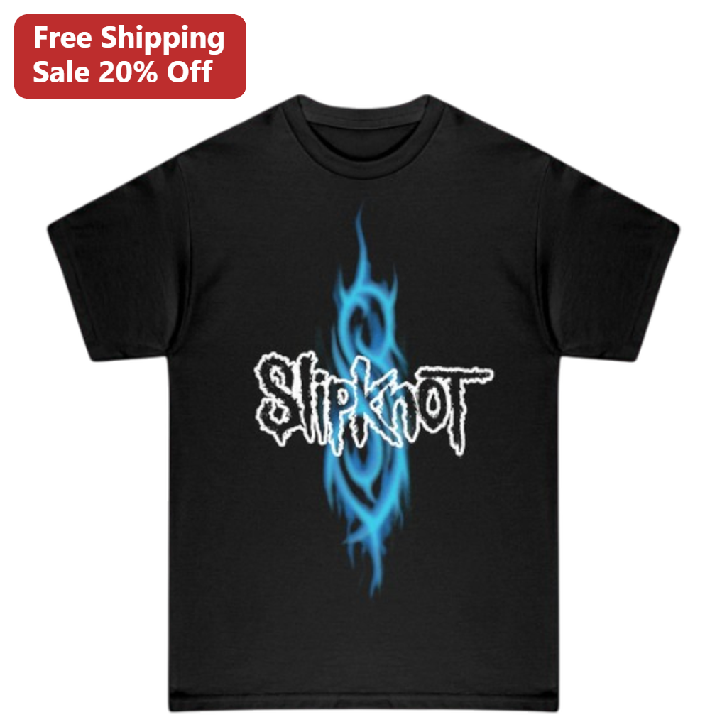 Slipknot Blue Flame Tribal Graphic Band Logo Tee for Heavy Metal Fans