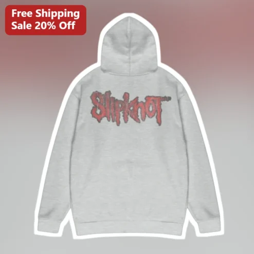 Slipknot Hoodie Red Logo Pullover Heavy Metal Band Merch Grey Sweatshirt