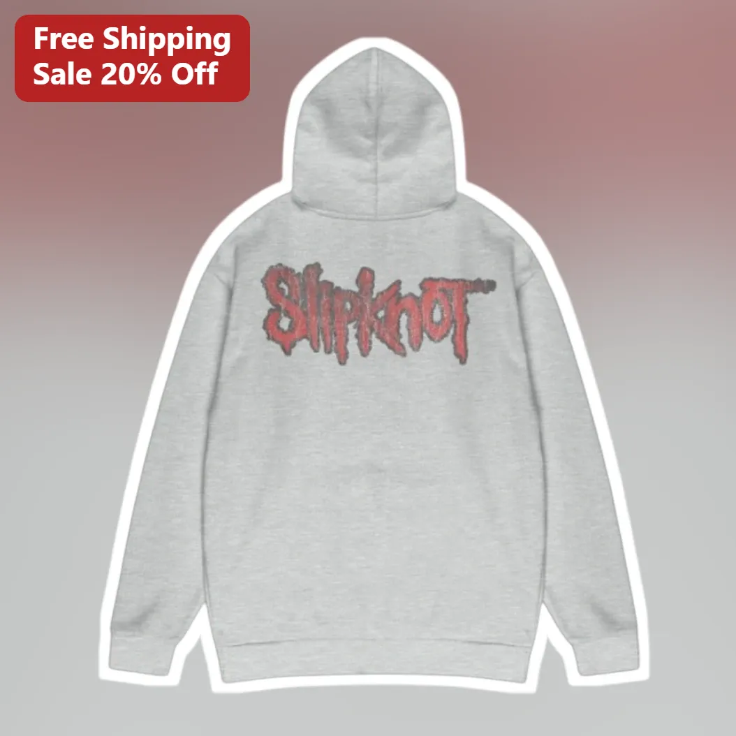 Slipknot Hoodie Red Logo Pullover Heavy Metal Band Merch Grey Sweatshirt