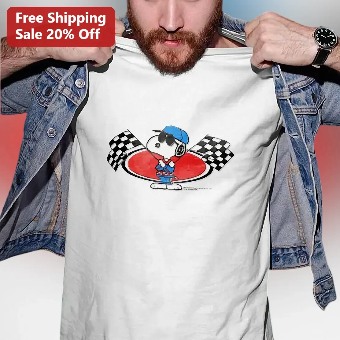 Snoopy Race Car Driver Graphic Tee Peanuts Cartoon Dog Shirt for Men Women