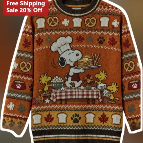 Snoopy Sweater Ugly Christmas Knit Pullover Chef Pancake Breakfast Peanuts Woodstock Holiday Gift