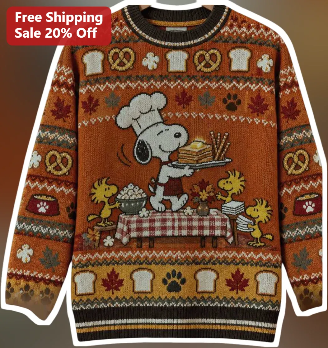 Snoopy Sweater Ugly Christmas Knit Pullover Chef Pancake Breakfast Peanuts Woodstock Holiday Gift