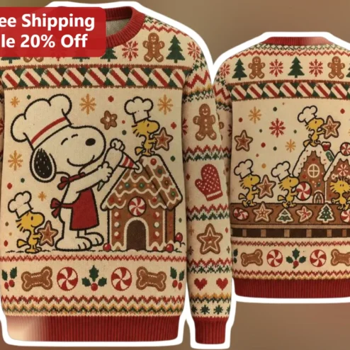 Snoopy Ugly Christmas Sweater Peanuts Woodstock Gingerbread House Knit Holiday Jumper Gift for Women Men