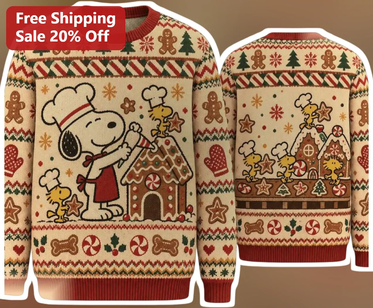 Snoopy Ugly Christmas Sweater Peanuts Woodstock Gingerbread House Knit Holiday Jumper Gift for Women Men