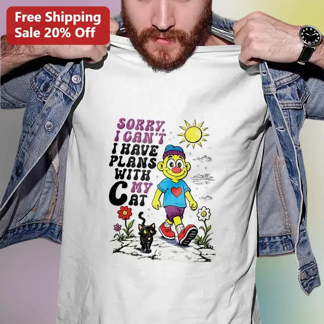 Sorry I Can't I Have Plans With My Cat Retro Cartoon Graphic Tee Funny Introvert Gift