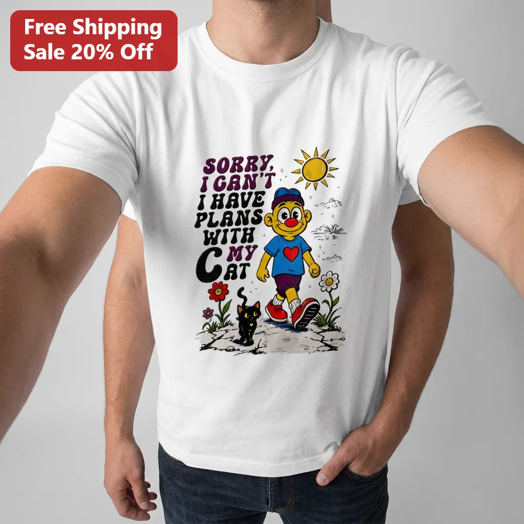 Sorry I Can't I Have Plans With My Cat Tee, Funny Retro Cat Lover Graphic Shirt, Introvert Pet Owner Gift
