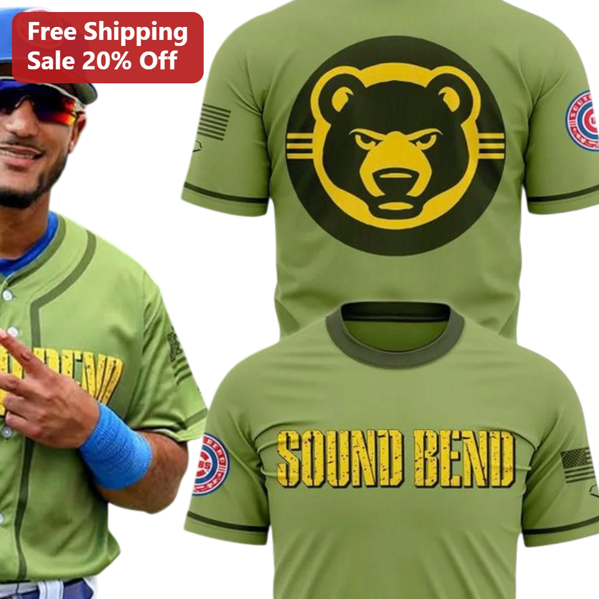 Sound Bend Jersey Baseball Bear Logo Olive Green Athletic Shirt