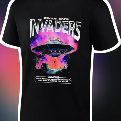 Space Cats Invaders Tee Funny Retro Sci-Fi Cat Alien Graphic T-Shirt for Cat Lovers and Gamers