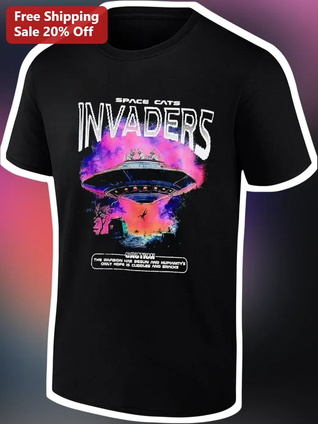 Space Cats Invaders Tee Funny Retro Sci-Fi Cat Alien Graphic T-Shirt for Cat Lovers and Gamers