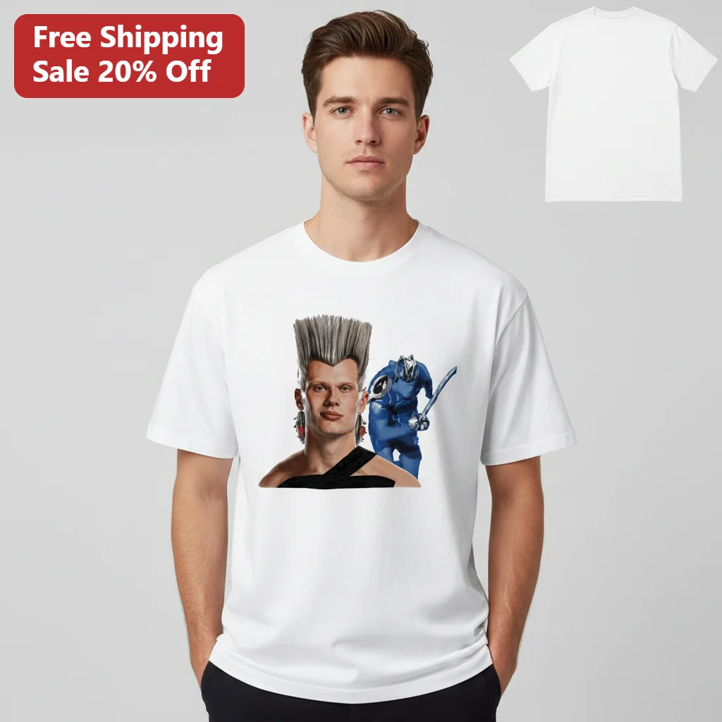 Spiked Hairstyle Warrior Portrait Tee, Blue Armored Fantasy Character Shirt, Anime Inspired Gift for Men and Women
