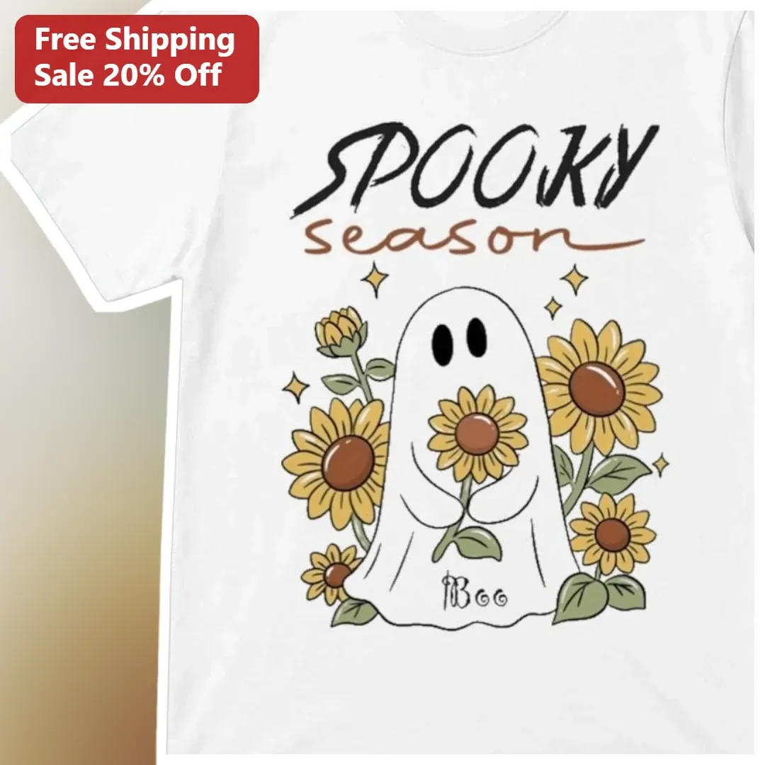 Spooky Season Cute Ghost Sunflower Graphic Tee for Women Halloween Gift