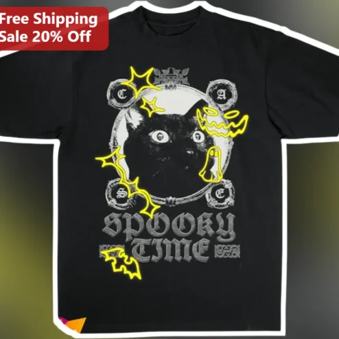 Spooky Time Tee Cute Black Cat Halloween Shirt for Women