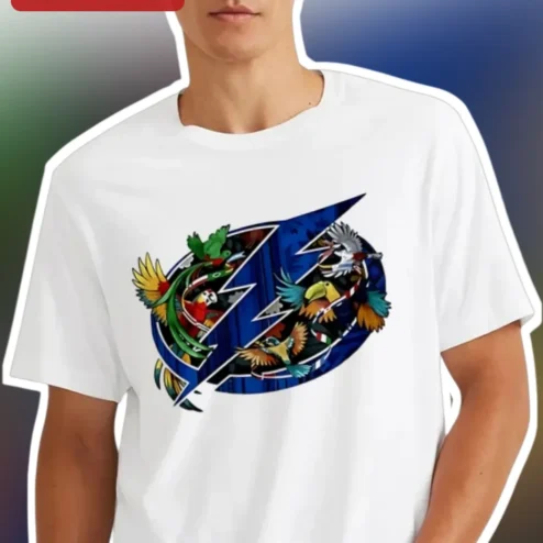 Sports Lightning Bird Graphic Tee Vibrant Blue Bolt Colorful Feather Illustration White Cotton T-Shirt