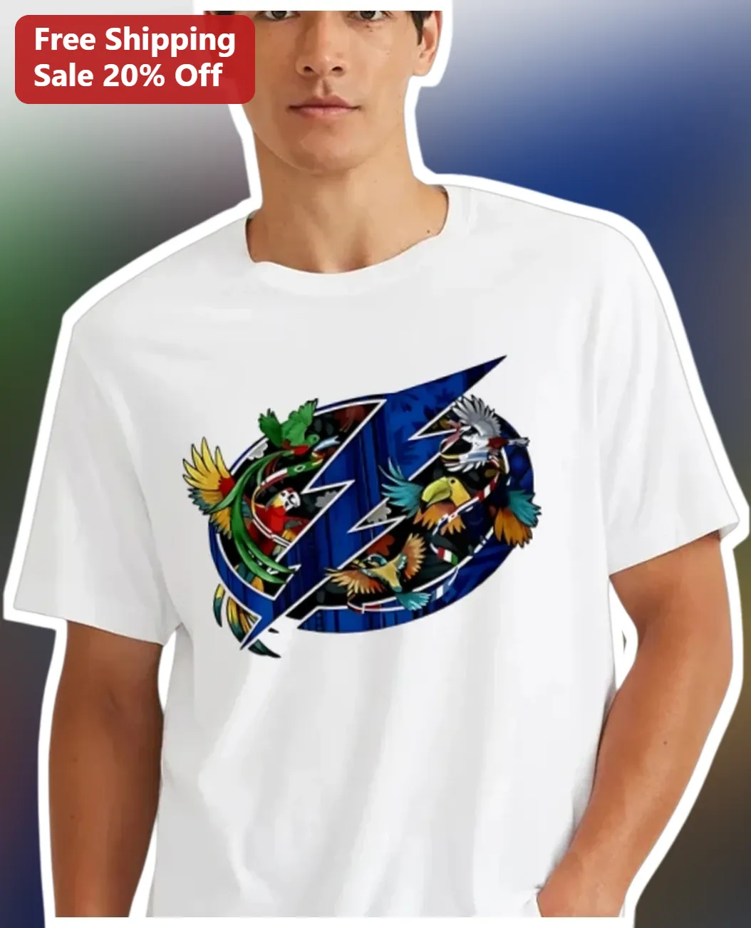 Sports Lightning Bird Graphic Tee Vibrant Blue Bolt Colorful Feather Illustration White Cotton T-Shirt