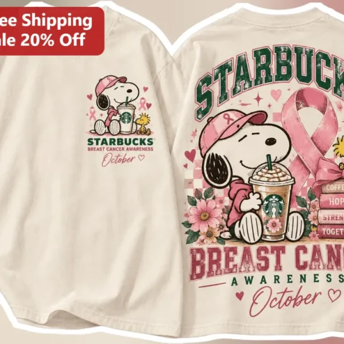 Starbucks Breast Cancer Awareness Coffee Hope Strength Together Snoopy Pink Ribbon Tee