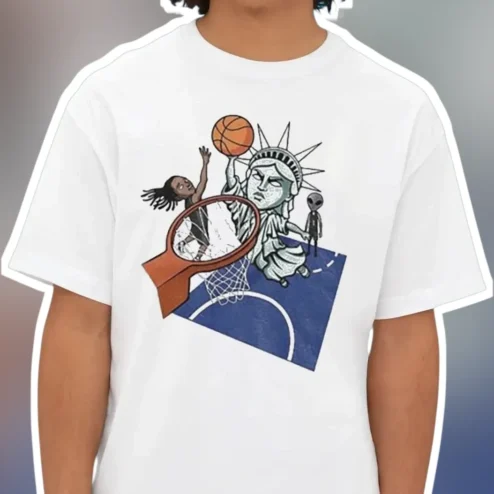 Statue of Liberty Playing Basketball Cartoon Graphic Tee for Kids Youth