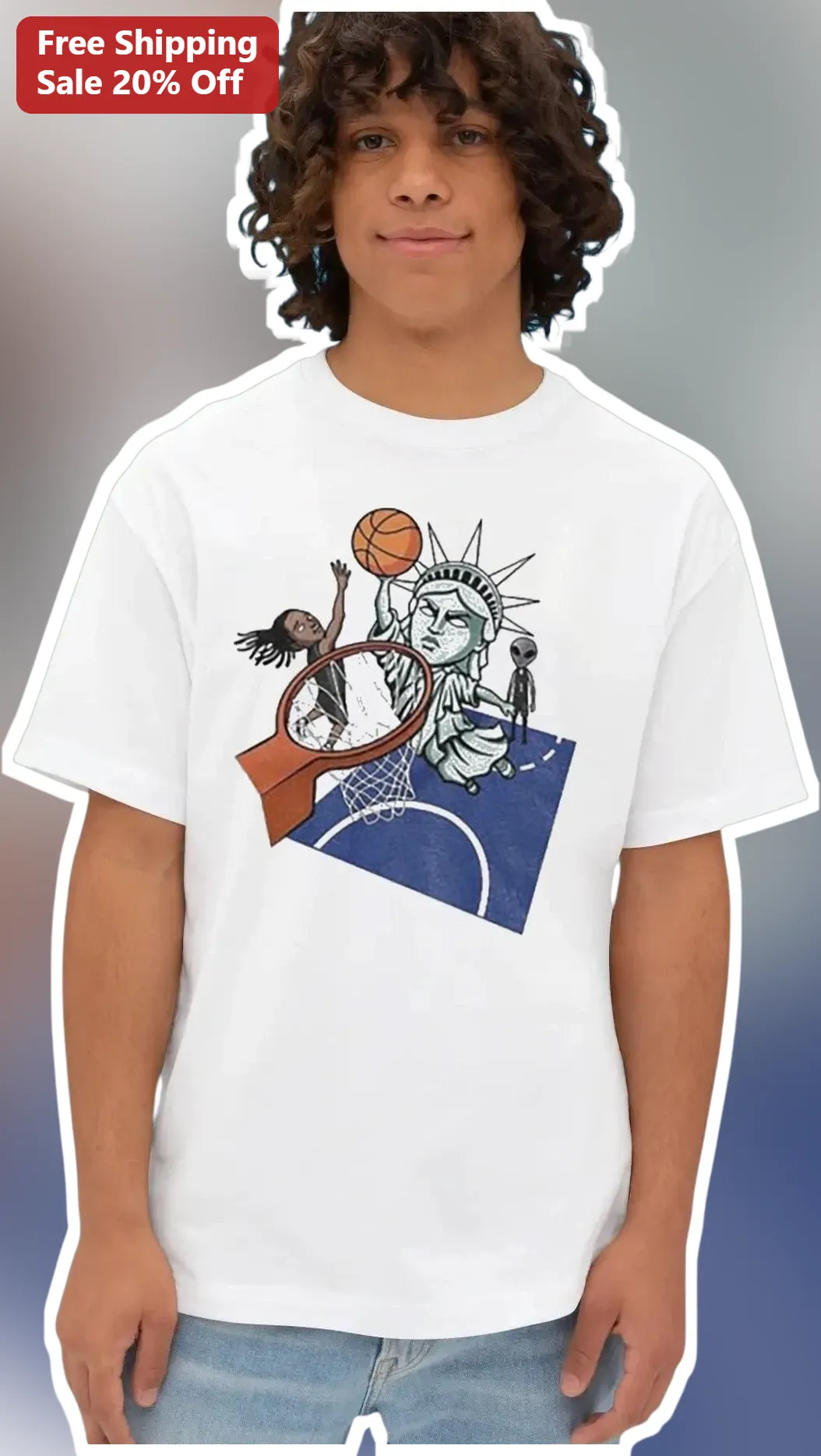 Statue of Liberty Playing Basketball Cartoon Graphic Tee for Kids Youth