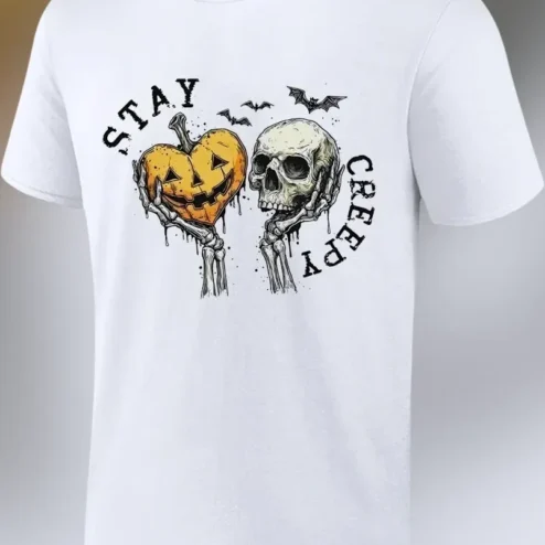 Stay Creepy Halloween Skeleton Jack O Lantern Graphic Tee Vintage Spooky Season Gift