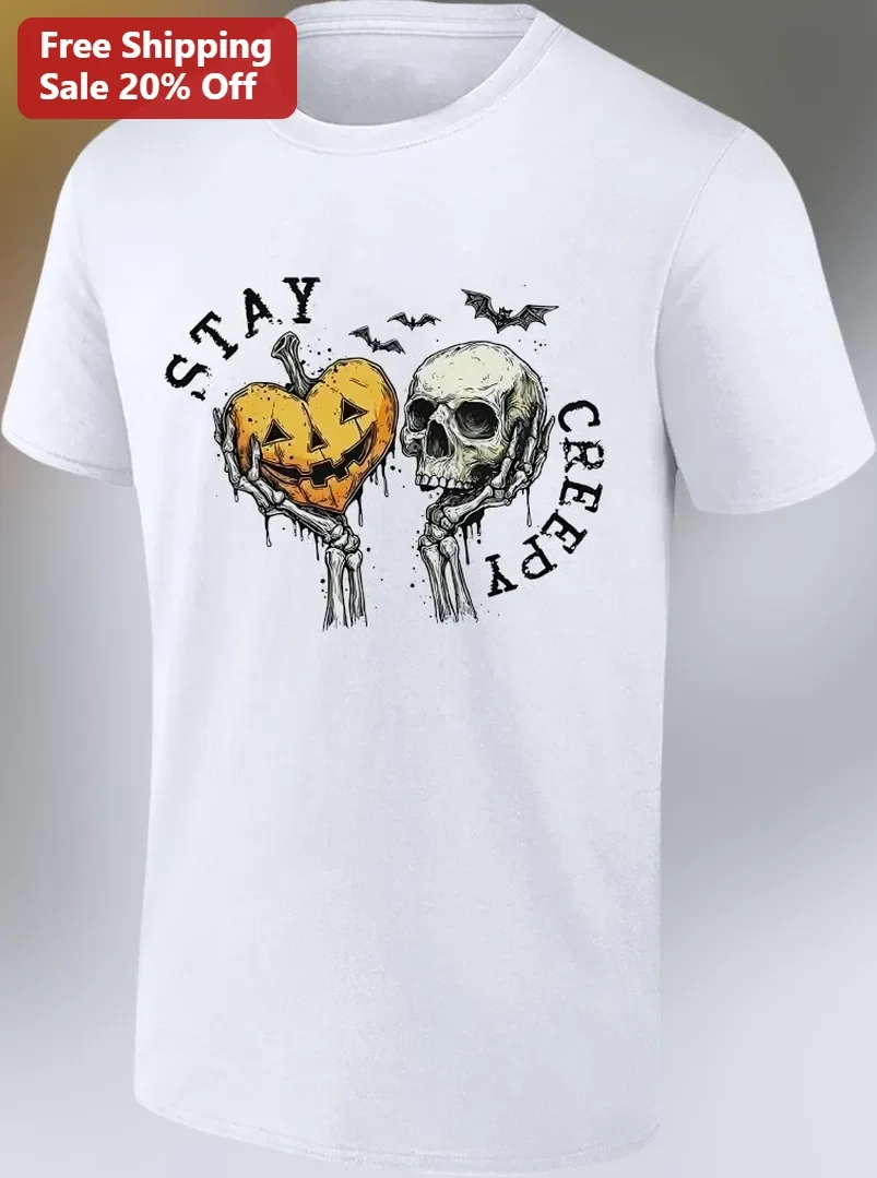 Stay Creepy Halloween Skeleton Jack O Lantern Graphic Tee Vintage Spooky Season Gift