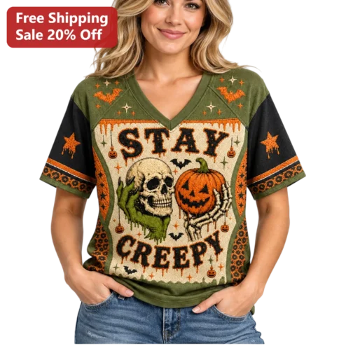 Stay Creepy Halloween Skeleton Skull Pumpkin Graphic Tee for Women Vintage Spooky Shirt