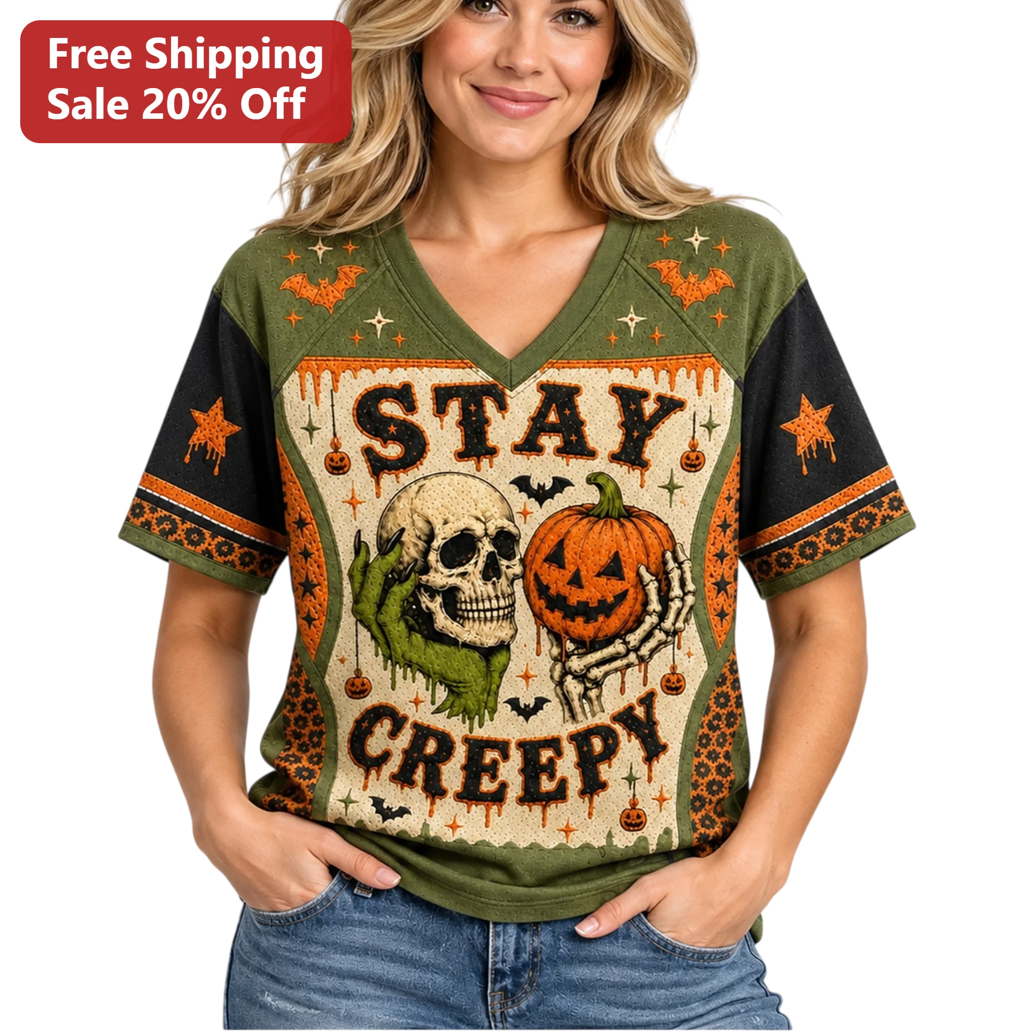 Stay Creepy Halloween Skeleton Skull Pumpkin Graphic Tee for Women Vintage Spooky Shirt