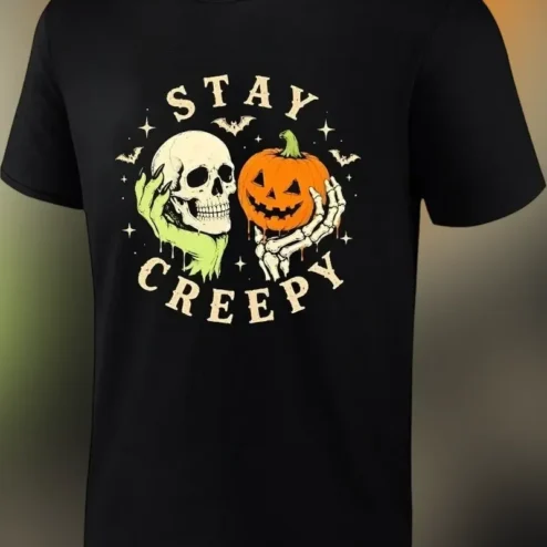 Stay Creepy Halloween Tee Vintage Spooky Skull Pumpkin Graphic Shirt
