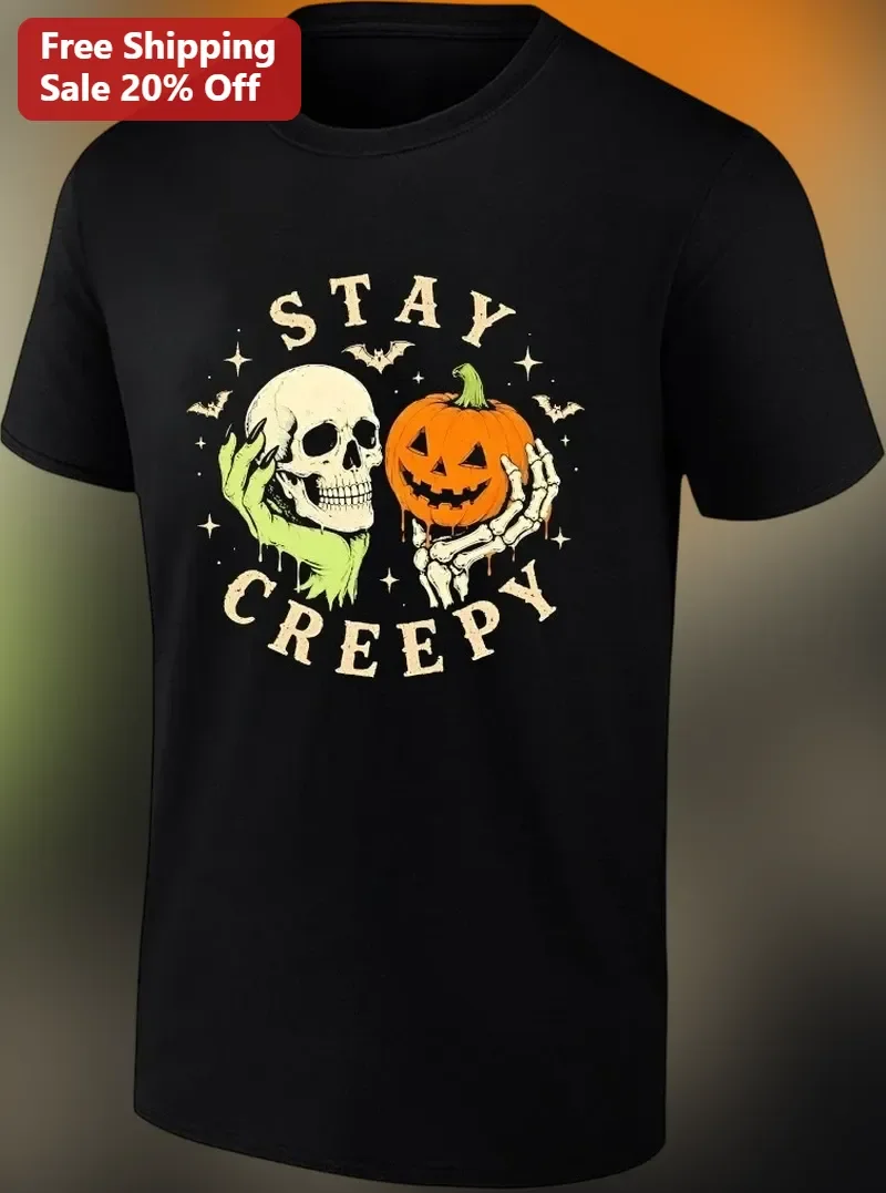 Stay Creepy Halloween Tee Vintage Spooky Skull Pumpkin Graphic Shirt