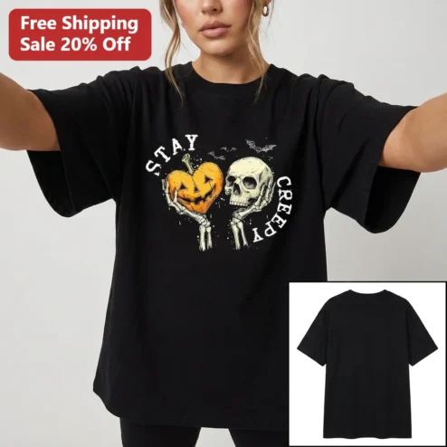 Stay Creepy Skeleton Hands Halloween Tee Spooky Jack-O'-Lantern Pumpkin and Skull Graphic Shirt