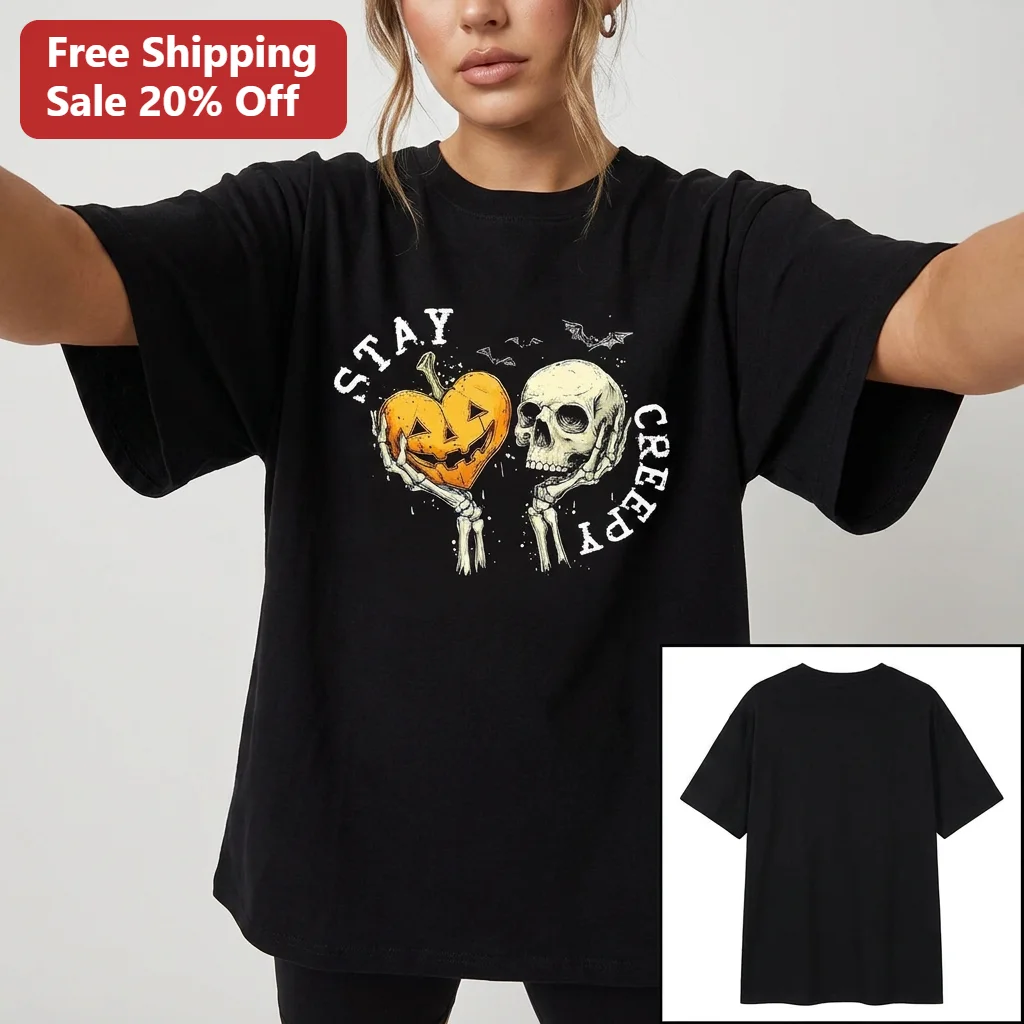Stay Creepy Skeleton Hands Halloween Tee Spooky Jack-O'-Lantern Pumpkin and Skull Graphic Shirt