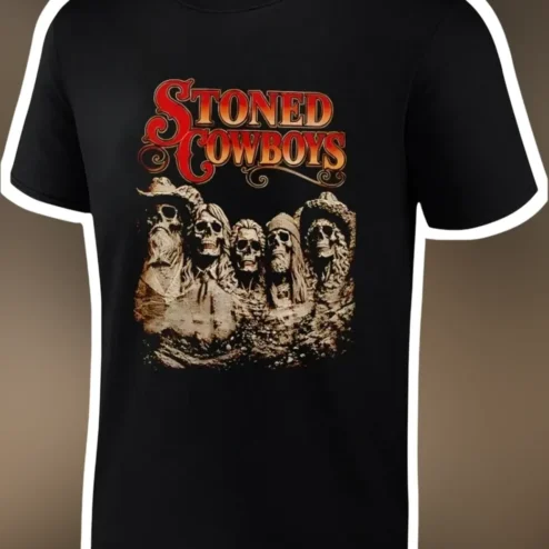 Stoned Cowboys Skull Mountain Graphic Tee Western Parody Shirt