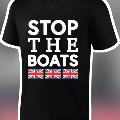 Stop The Boats UK Political Slogan Tee With Union Jack Flags