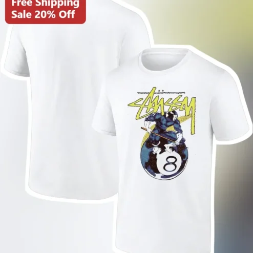 Stüssy Tee Bodybuilder Riding 8 Ball Retro Streetwear Graphic T-Shirt