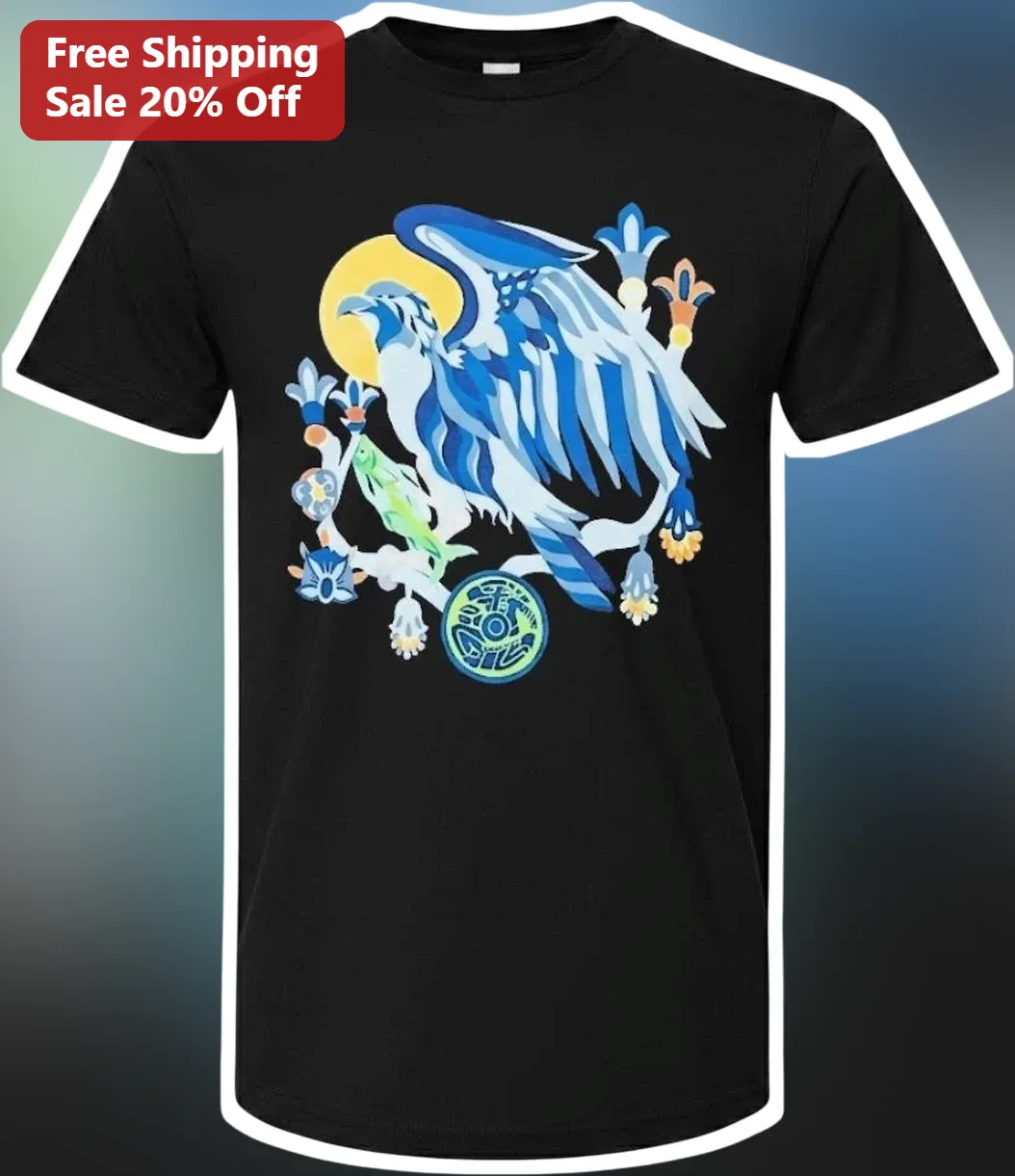 Stylized Blue Bird Illustration Tee Fantasy Nature Lover Gift Shirt