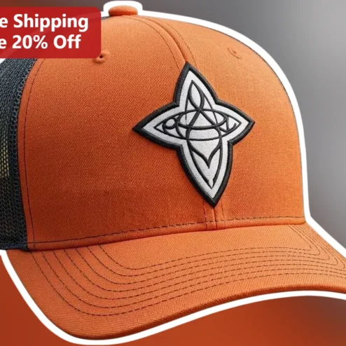 Stylized Four-Pointed Star Trucker Hat Geometric Compass Embroidery Orange Mesh Snapback