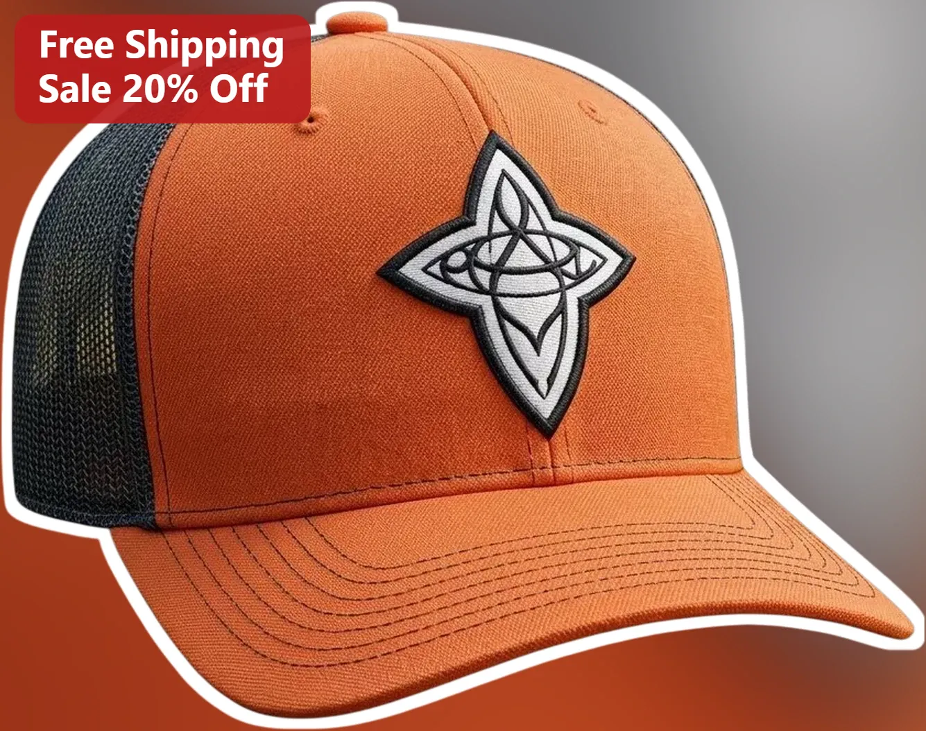 Stylized Four-Pointed Star Trucker Hat Geometric Compass Embroidery Orange Mesh Snapback
