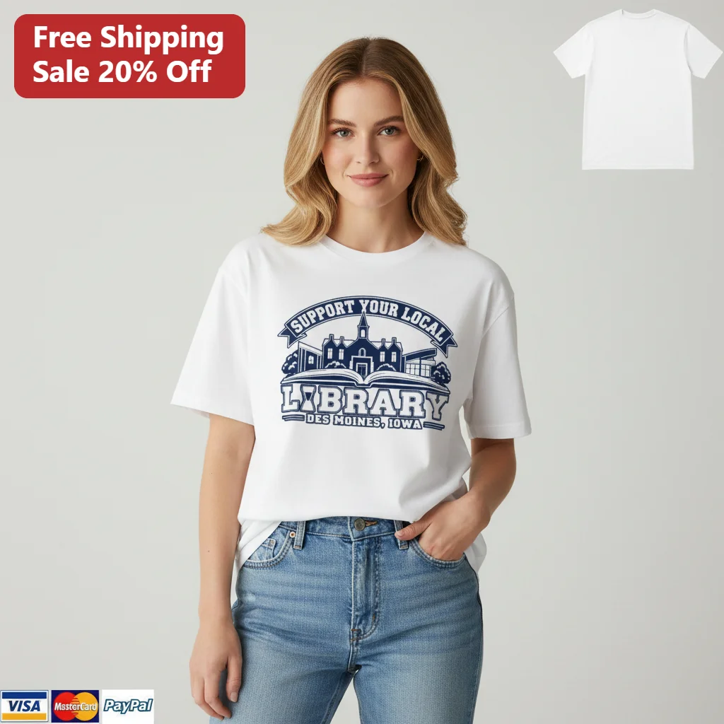Support Your Local Library Tee Des Moines Iowa Vintage Varsity Crest Librarian Gift for Book Lovers and Readers