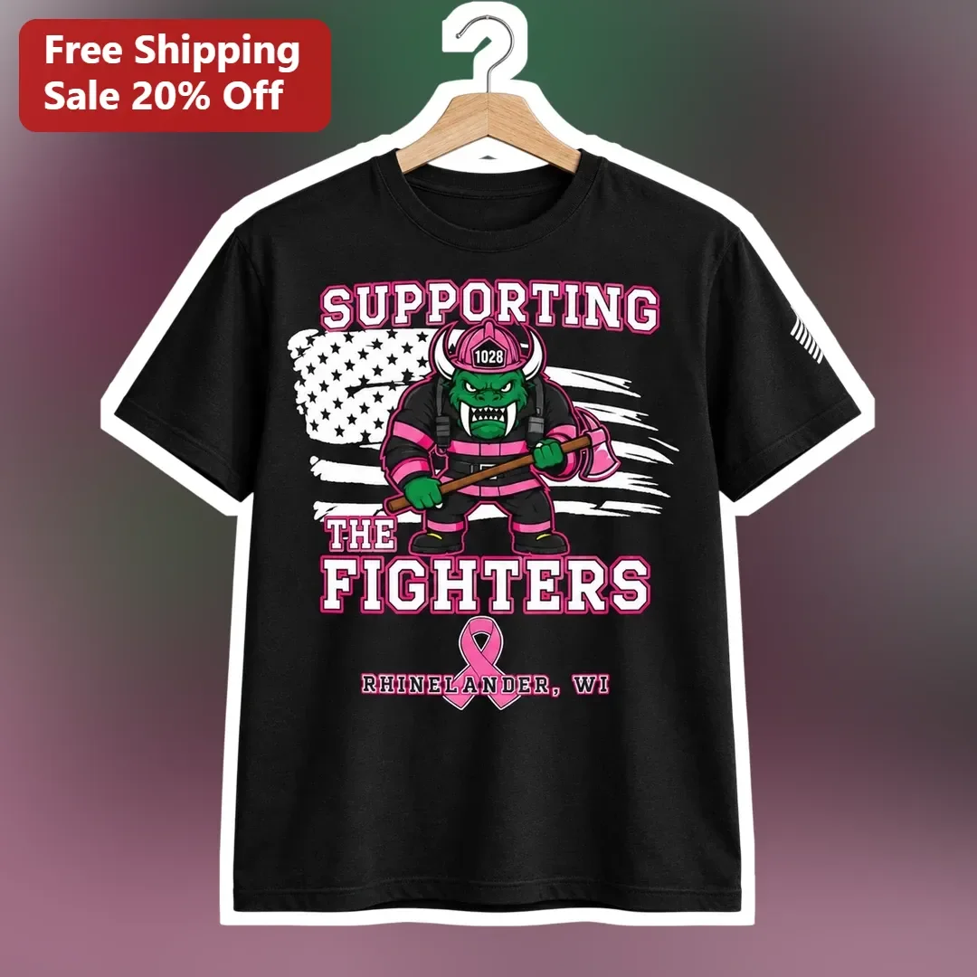 Supporting The Fighters Breast Cancer Awareness Tee Pink Ribbon Firefighter Mascot Gift