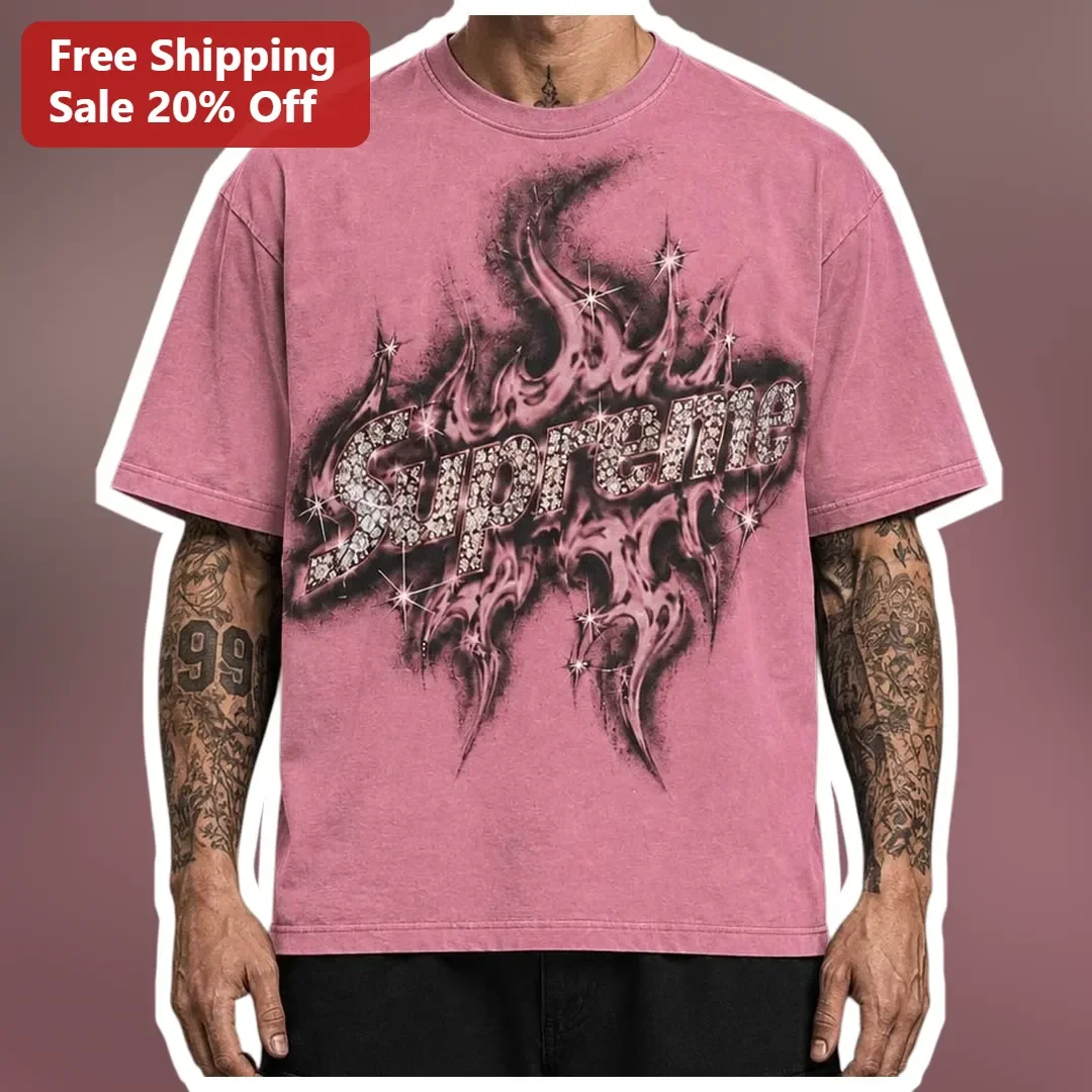 Supreme Tee Y2K Diamond Text Tribal Flames Streetwear Graphic T-Shirt